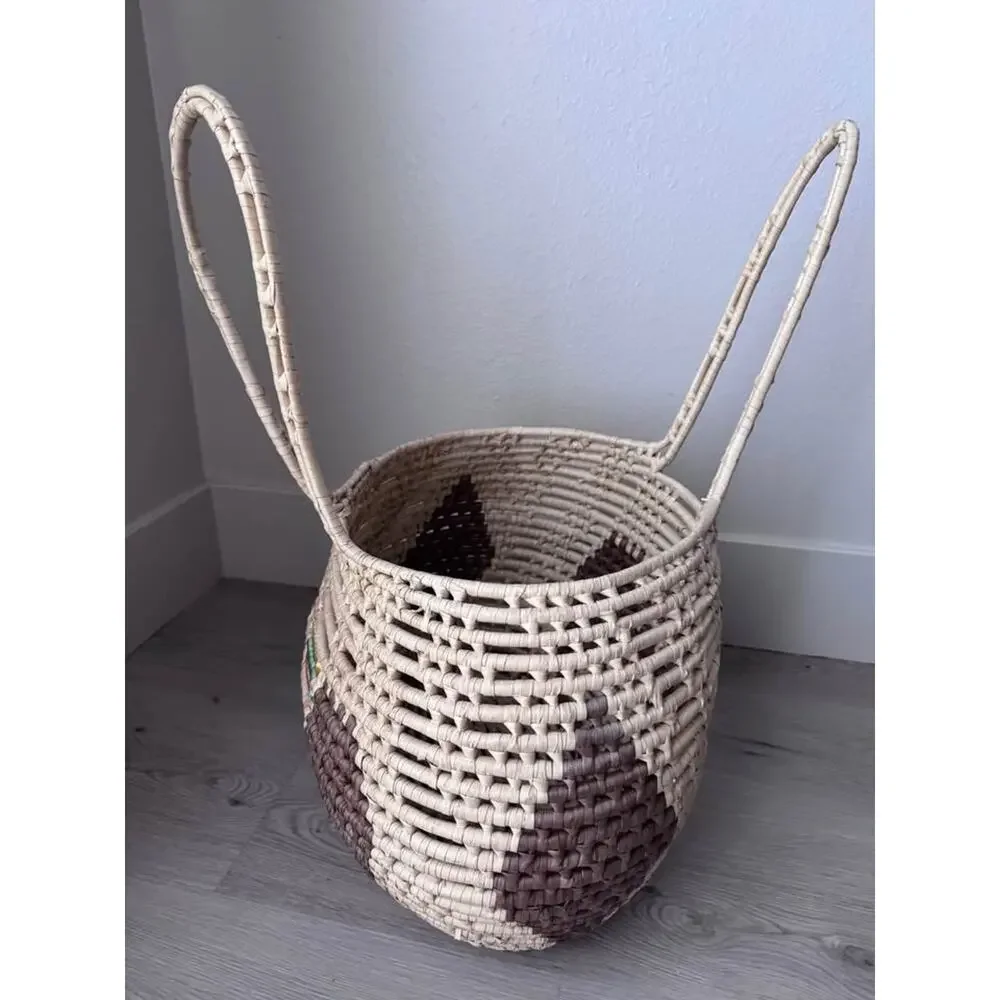 Vintage Handwoven Straw Raffia Tribal Large Basket with Handles